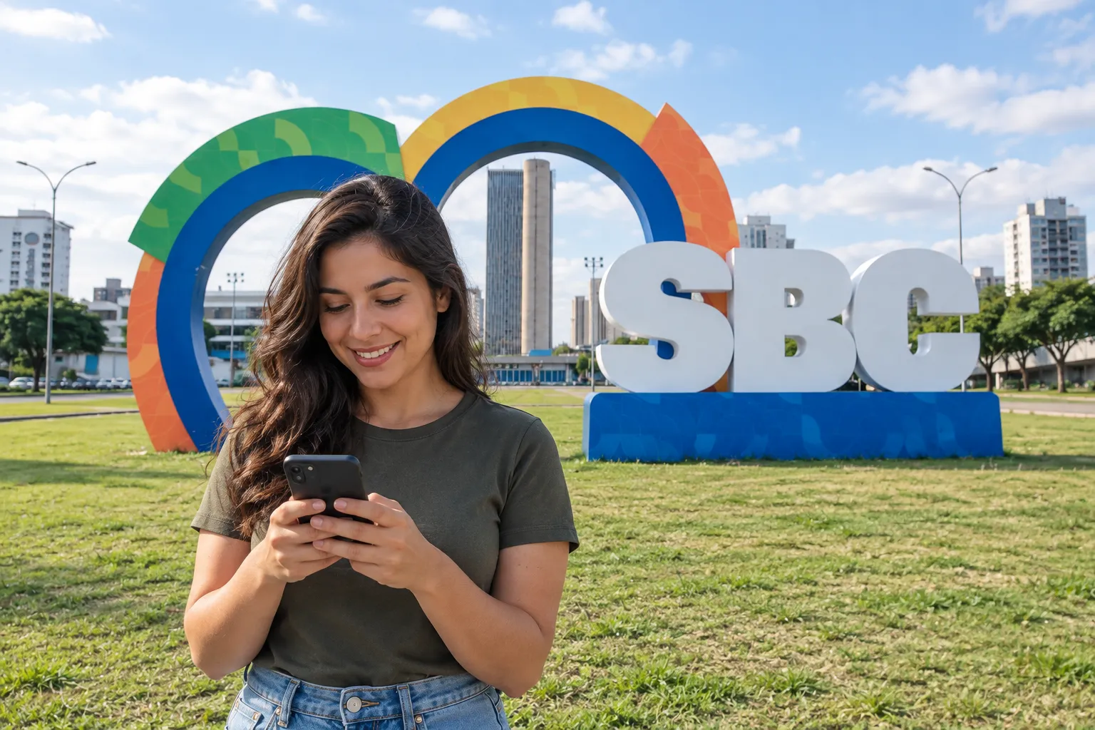 Cliente Athon usando o celular no letreiro SBC em São Bernardo do Campo