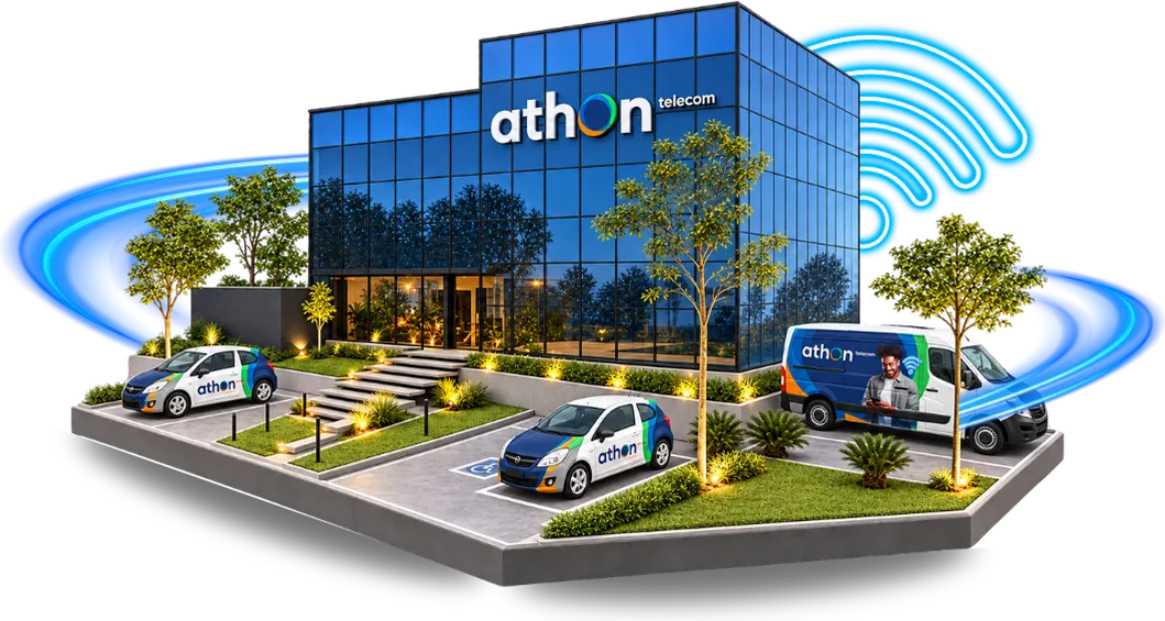 Sede da Athon Telecom com frota de atendimento e sinal Wi‑Fi