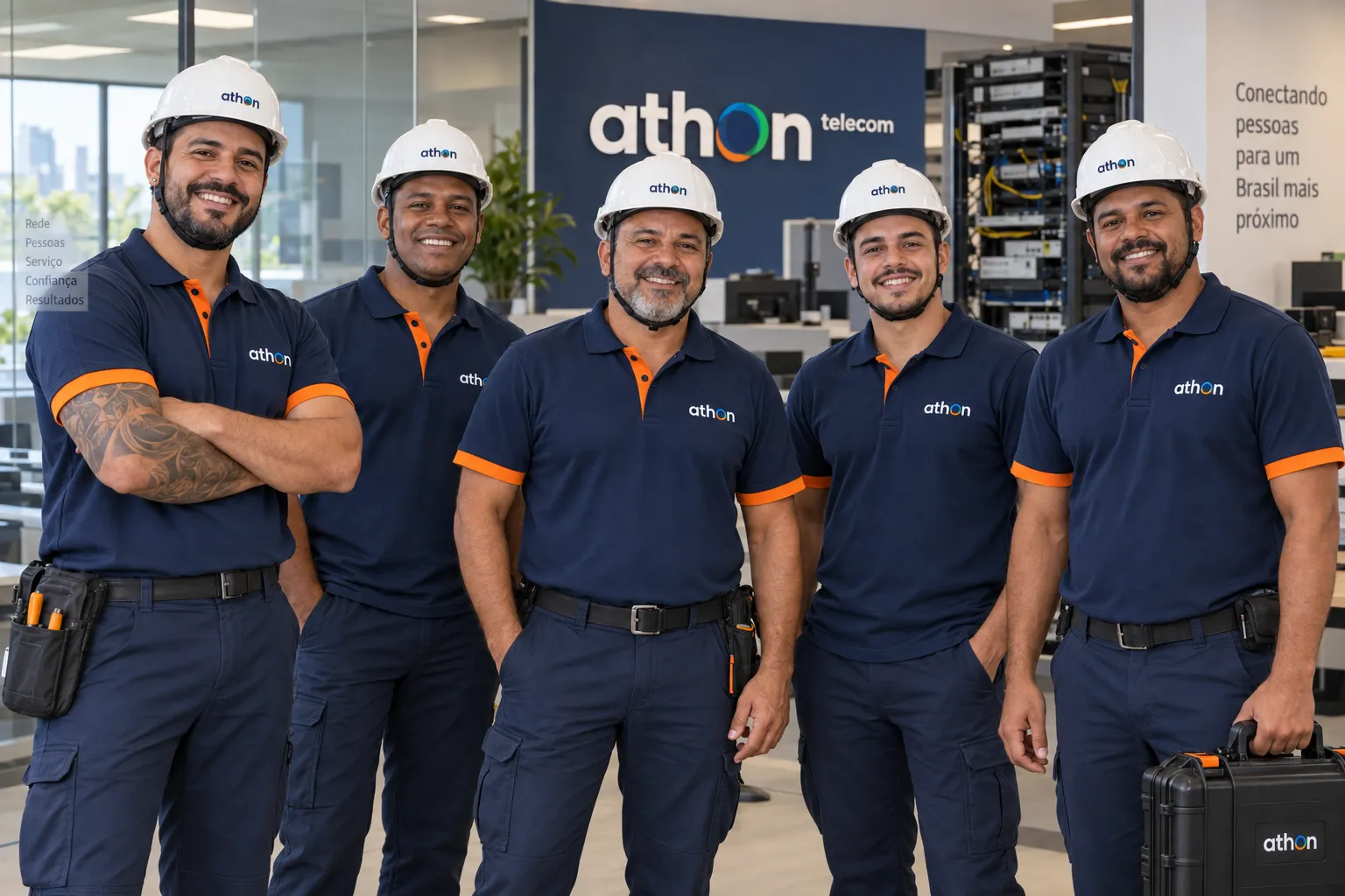 Equipe de técnicos da Athon uniformizados na sede